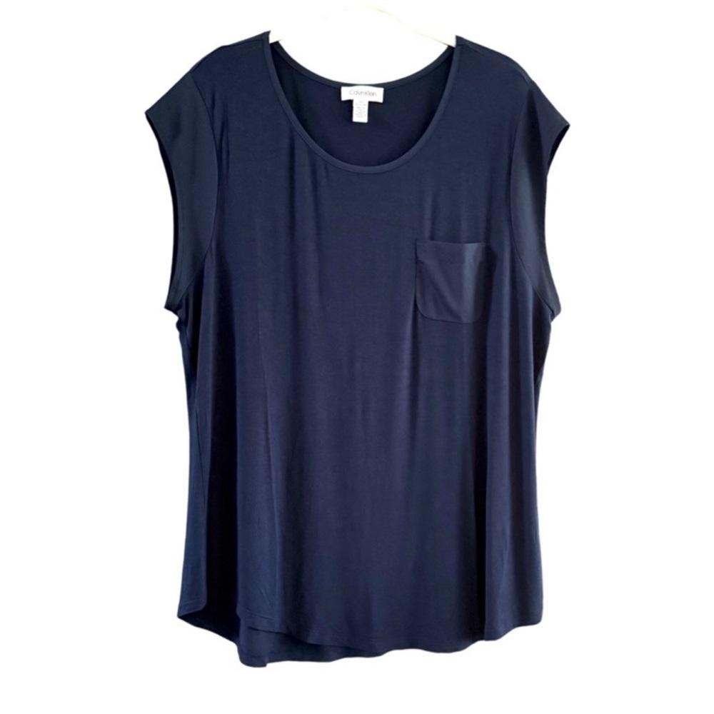 Calvin Klein Short Cap Sleeve Tee Chest Pocket Jersey Top Navy Blue Size XL